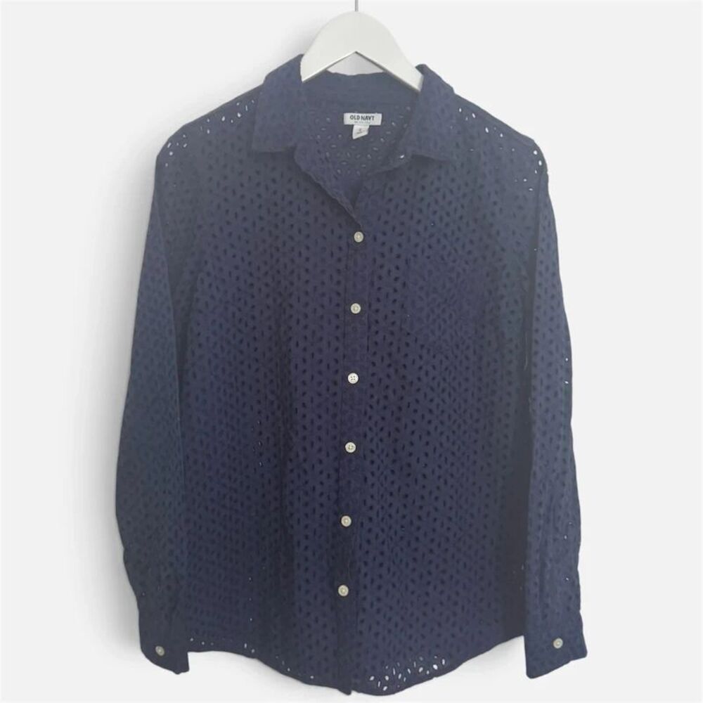 Old Navy Navy Blue Eyelet Long Sleeve Button Down Shirt Medium